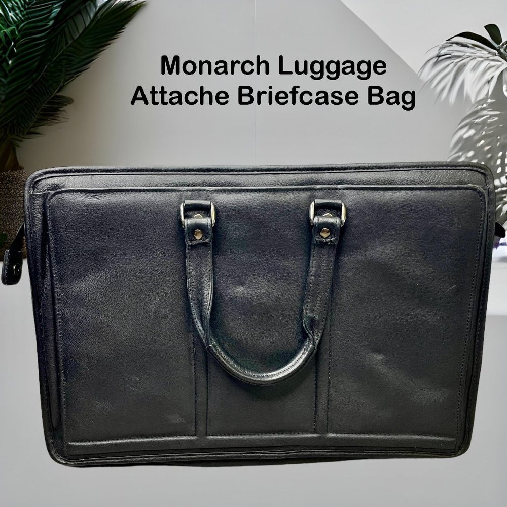 Monarch Luggage Black Leather 4 Compartment Portfolio Attache Briefcase‎ Bag EUC